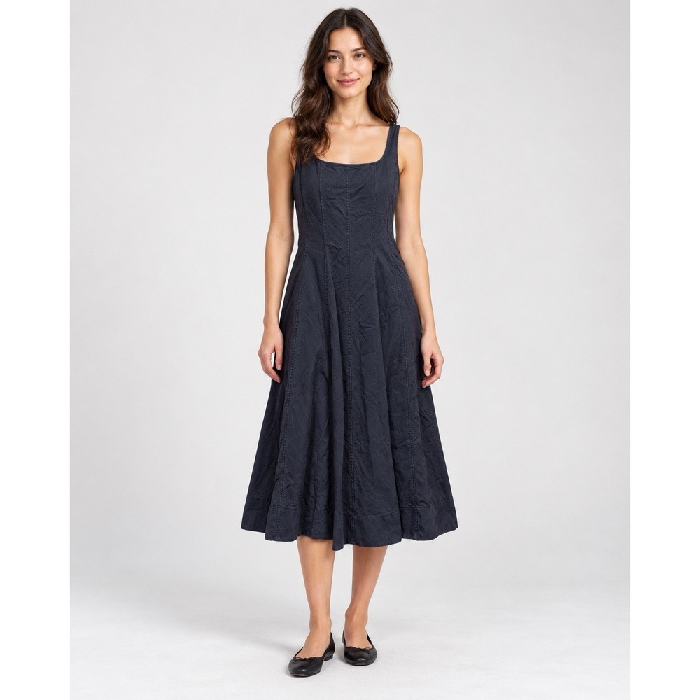 Madewell Rylee Midi Dress Size 10 Faded Black Cotton Linen Blend Voluminous Hem